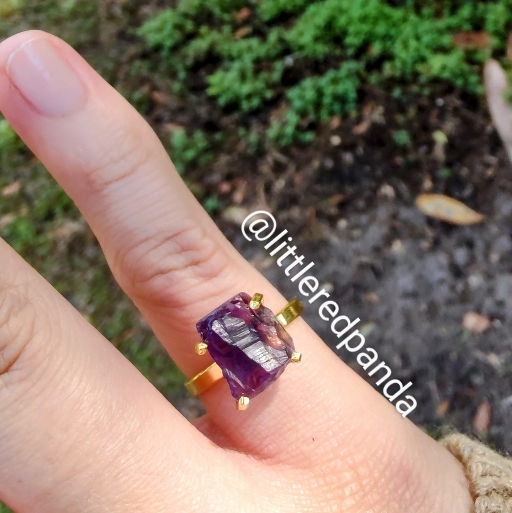 Genuine Raw Amethyst four prong adjustable ring